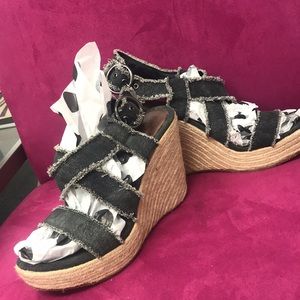 Gray Raw Edged Denim Espadrille Rope Wedge, 9